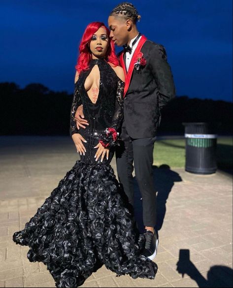 Black Prom Black Couple, Black And Red Prom Couple, Red And Black Prom Couples, Prom Couples Black People, Black Prom Dress Couple, Prom Black Couples, Prom Outfits For Couples, Red Tux, Prom Black People