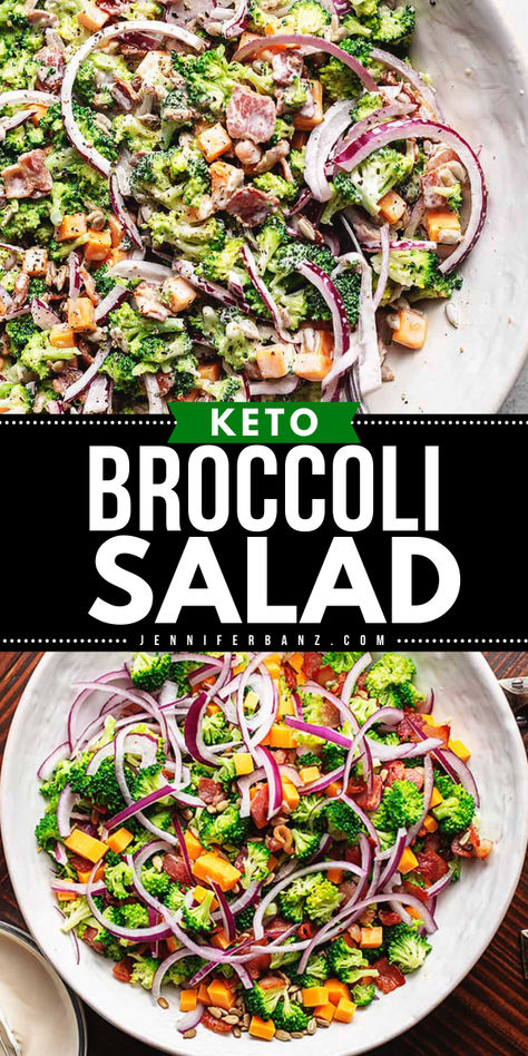 Skip the traditional sugar-packed broccoli salad in your set of easy 4th of July recipes with the best broccoli salad! This low-carb side dish is made with crispy bacon, cheese, and topped with a keto-friendly dressing and sunflower seeds. Gluten-free! Potluck Bbq, Low Carb Broccoli Salad, Keto Broccoli Salad, Creamy Broccoli Salad, Easy Broccoli Salad, Lowcarb Recipes, Layered Salad Recipes, Potluck Side Dishes, Noodle Salad Recipes