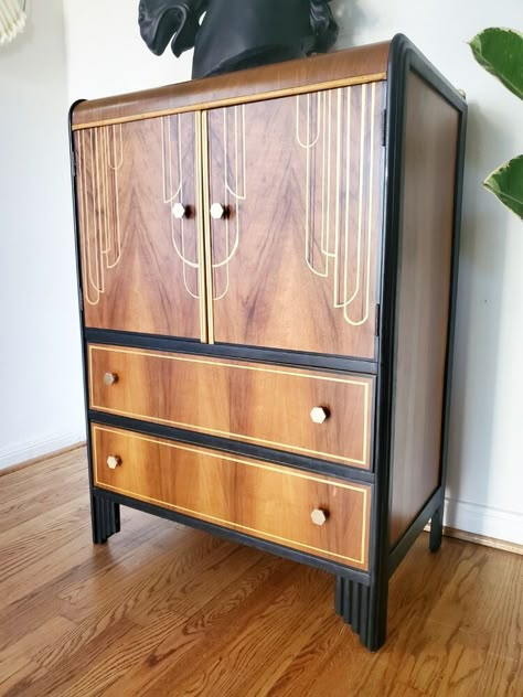 I got this art deco piece from my local Facebook marketplace. I'm not sure what it is actually. Is it a gentleman's chest? An armoire? A children's dresser? It is about 45 inches tall and it didn't really matter because I knew that in it's new lifetime it's going to be a bar! I started by disassembling the piece and took off the doors and hardware. Some of the hardware was missing, so right away I ordered some new ones from Amazon. That way they were there once I was finished with th… Refurbished Art Deco Furniture, Art Deco Dresser Painted, Art Deco Wardrobe Makeover, Art Deco Upcycle, Art Deco Armoire Makeover, Art Deco Dressers, Painted Art Deco Furniture, Art Deco Cupboard, Art Deco Wood Furniture