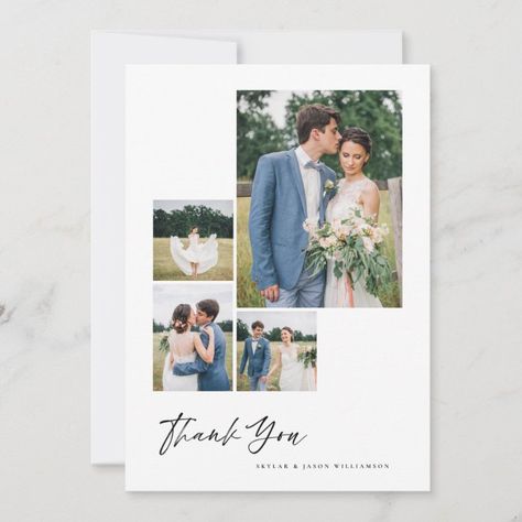 Minimal 4 Photo Collage White Brush Script Wedding Thank You Card Size: 5" x 7". Color: Matte. Gender: unisex. Age Group: adult. 4 Photo Layout, Wedding Photo Book Layout, 4 Photo Collage, Wedding Photo Collage, Wedding Album Layout, Wedding Collage, Album Layout, Wedding Script, Photo Layout