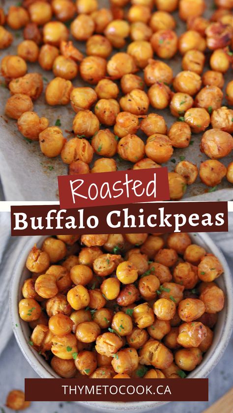 Spicy and crunchy roasted buffalo chickpeas are a delicious snack or addition to salads and wraps! Easy to make and even easier to eat! Roasted Buffalo Chickpeas, Roasted Chickpeas Oven, Buffalo Chickpeas, Wraps Easy, Buffalo Sauce, Roasted Chickpeas, Oven Roast, Chickpeas, Yummy Snacks