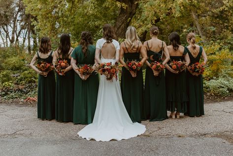 Fall Wedding Bouquets Emerald Green, Fall Wedding Flowers With Emerald Green Dresses, Fall Wedding Emerald Green, Emerald Green Bridesmaid Dresses Fall, Dark Green Bridesmaid Dresses Fall, Green Bridesmaid Dresses Fall, Copper Wedding Bouquet, Autumn Wedding Dress Bridesmaid, Green Fall Weddings