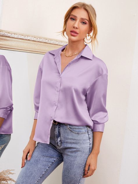 Lilac Purple Elegant  Long Sleeve Satin Plain Shirt  Non-Stretch Spring/Fall Women Tops, Blouses & Tee Light Purple Outfits For Women, Purple Satin Shirt Outfit, Light Purple Blouse Outfit, Lilac Blouse Outfit, Lilac Shirt Outfits, Lilac Tops Outfit, Violet Shirt Outfit, Lavender Blouse Outfit, Purple Blouse Outfit