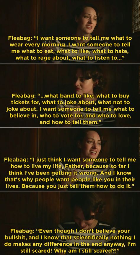 Fleabag Scene Quotes, Fleabag Confession Scene, Fleabag Monologue, Fleabag Scene, Fleabag And Priest, Fleabag Wallpaper, Fleabag Priest, Fleabag Aesthetic, Fleabag Quotes