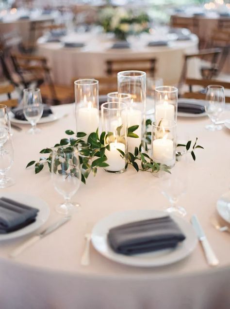 Beautiful Centerpieces Created With Candles Elegant Wedding Centerpieces, Rehearsal Dinner Centerpieces, Eucalyptus Centerpiece, Round Wedding Tables, Greenery Wedding Centerpieces, Dinner Centerpieces, Floating Candle Centerpieces, Elegant Wedding Centerpiece, Greenery Centerpiece