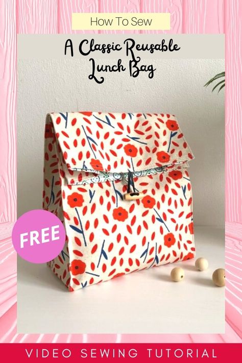 Lunch Bag Patterns To Sew, Lunch Bag Tutorials Sewing Patterns, Reusable Lunch Bags Diy, Sew Lunch Bag, Lunch Bag Sewing Pattern, Lunch Bag Diy, Lunch Bag Sewing, Lunch Bag Pattern, Lunch Box Pattern