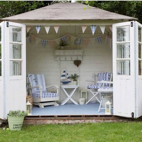 The Summer House - The Londoner White Shed, Summer House Interiors, Outdoor Shed, Garden Room Ideas, Hamptons Decor, Seaside Garden, Summer House Garden, Estilo Shabby Chic, Casa Exterior