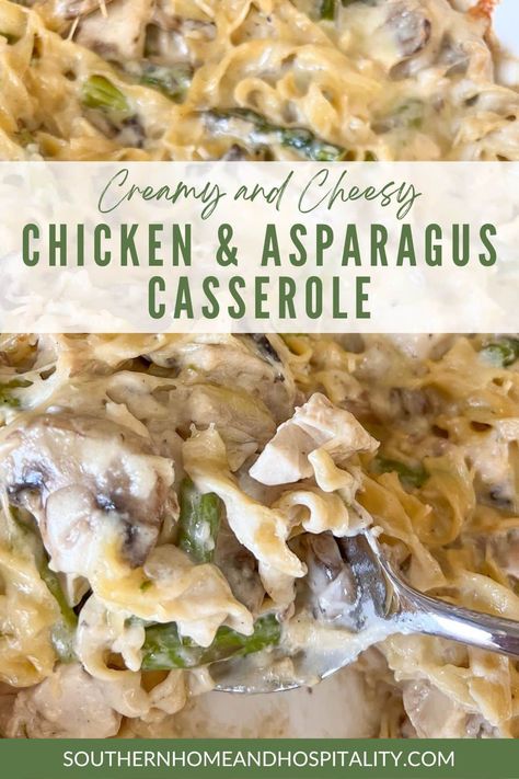 Chicken and asparagus casserole Pinterest graphic Chicken And Asparagus Casserole, Chicken And Asparagus Recipes, Easy Recipe With Chicken, Chicken Asparagus Casserole, Chicken Asparagus Recipe, Asparagus And Pasta, Creamy Chicken And Asparagus, Creamy Casserole, Casserole Bake