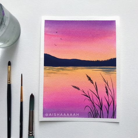 Easy sunset watercolor tutorial Polaroid Painting, Tiny Canvas, Sunset Watercolor, Paint Inspo, Watercolor Paintings For Beginners, Art Sunset, Watercolor Sunset, Oil Pastel Art, Soyut Sanat Tabloları