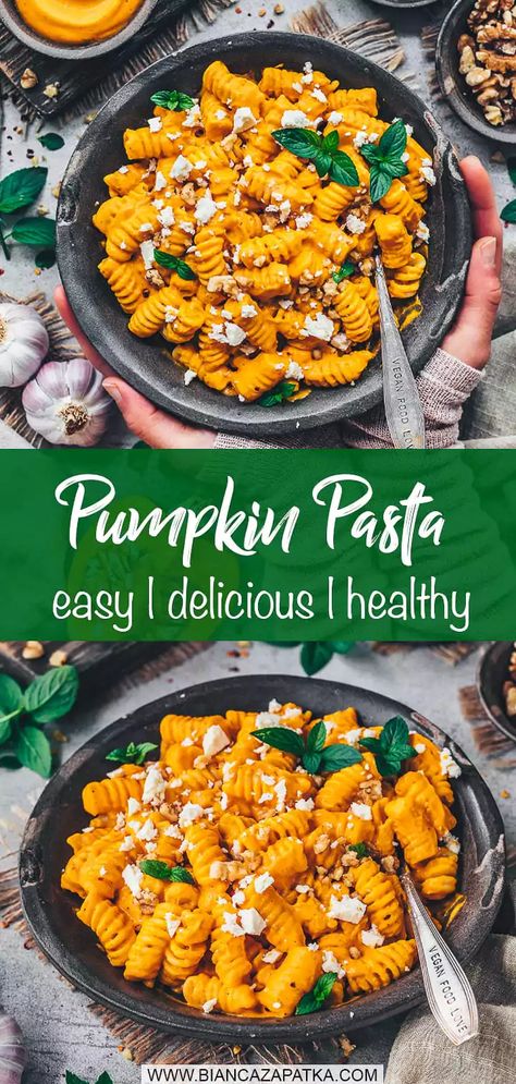 This super creamy Roasted Pumpkin Pasta Sauce Recipe with vegan feta and walnuts is quick and easy to make yet healthy and delicious! #pumpkin #pasta #sauce #pastarecipe #squash #easyrecipes #lunch #dinner #veganrecipes #vegetarian #recipes #food #vegan #healthyrecipes | biancazapatka.com Pumpkin Feta Pasta, Roasted Pumpkin Pasta, Creamy Pasta Sauce Recipes, Pumpkin Pasta Sauce Recipe, Vegan Pumpkin Pasta, Pumpkin Pasta Recipe, Pumpkin Pasta Sauce, Vegan Feta, Pasta Sauce Recipe