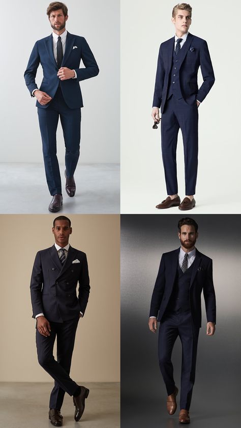 Blue Suit Brown Shoes: The Ultimate Tailoring Combination | FashionBeans Navy Blue Suit Shoes Combination, Navy Blue Suit With Brown Shoes, Navy Suit Brown Shoes Wedding, Pantofel Pria Outfit, Black Suits Brown Shoes, Shoes For Suits Men, Black Suit Brown Shoes Wedding, Blue Blazer Outfit Men Wedding, Blazer Outfits Men Classy