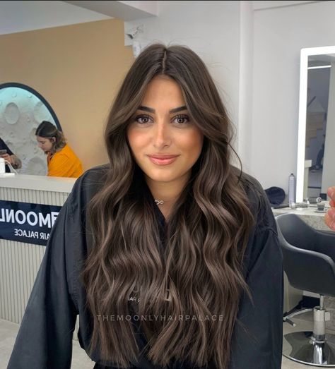 Hair For Tan Skin Tone Brown Eyes, Dark Ashy Black Hair, Dark Brown Hair With Cool Undertones, Dark Hair Toner Before And After, Best Balayage For Black Hair, Dark Brown On Black Hair, Dark Brown Hair Babylights Natural, Dark Medium Brown Hair, Ash Brunette With Highlights