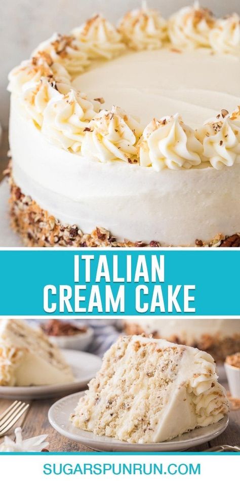 Italian Cream Cake - Sugar Spun Run Italian Cream Cake Recipe, Italian Cream Cakes, Italian Cream, Italian Cake, Tasty Dessert, Homemade Cake Recipes, Almond Flavor, Almond Cream, Cheese Frosting