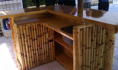 More Tiki Bar Ideas Bamboo Bar Counter, Tiki Bar Ideas, Bamboo Store, Tropical Bar, Outdoor Tiki Bar, Bamboo House Design, Tiki Bars, Outside Bars, Bar Plans