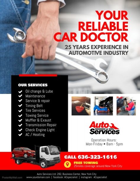 Auto Repair Service Flyer Poster Template Car Service Poster, Service Poster Ideas, Services Poster, Car Doctor, Service Poster, Transmission Repair, Towing Service, Reliable Cars, Car Repair Service