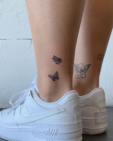 Emily on Instagram: “Fresh butterflies and healed cherub 🖤 thank you Sian #finelinetattoo” Back Of Ankle Tattoo, Butterfly Ankle Tattoos, Tiktok Tattoo, X Aesthetic, Dainty Tattoo, Trending Diy, Ankle Tattoos For Women, Ankle Tattoo Small, Anklet Tattoos