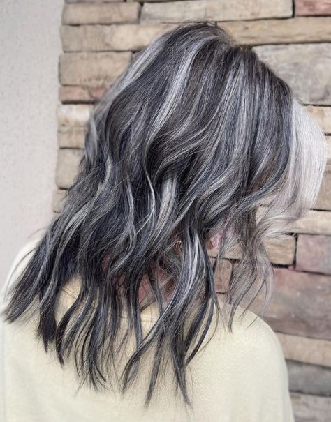 Transitional Grey Hair, Silver Hair Highlights On Black Hair, Gray Transition, Black Balayage, Silver Hair Highlights, Dark Grey Hair, Grey Hair Transformation, Grey White Hair, Hair Transition