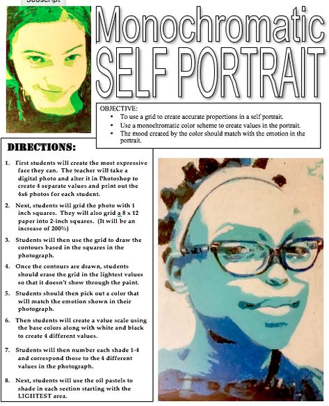 High School Art Prompts, Self Portrait Middle School Art, Monochromatic Art Projects High School, Art Class Syllabus Middle School, High School Digital Art Projects, High School Self Portrait Project, Painting Projects For High School, Texture Art Projects High School, Painting Lessons High School