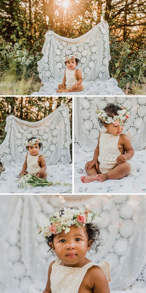 First Birthday Photo Session | Christina Freeman Photography (@christinafreemanphotos) | One year old birthday session | 1st birthday | custom made lace romper | floral crown | boho birthday shoot | white lace baby romper Boho Half Birthday Shoot, Boho 1 Year Photoshoot, Boho Birthday Shoot, Floral One Year Old Birthday, Indoor 1 Year Photoshoot, Boho Mini Session Photo Shoot, Outside 1st Birthday Pictures, Outside One Year Old Birthday Pictures, Boho 1st Birthday Pictures