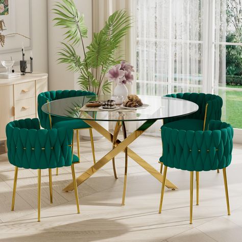 PRICES MAY VARY. [Mid Century Dinner Table Set with Non-slip Mads] This modern clear tempered glass dinette set includes 1 table and 4 chairs, and it is charming and suitable for all home styles. Plus, we always insist on high quality products. The plated metal frame matches the non-slip feet we use, which are durable and sturdy, so it must be an ideal furniture choice. [Premium & Durable Woven Chairs] This vintage dining chair is made of premium velvet fabric with no complicated design, but it Circular Kitchen Table, Small Dinner Table, Round Dinning Table, Table Bistro, Glass Dining Table Set, Gold Dining Chairs, Glass Round Dining Table, Round Dining Set, Tulip Table