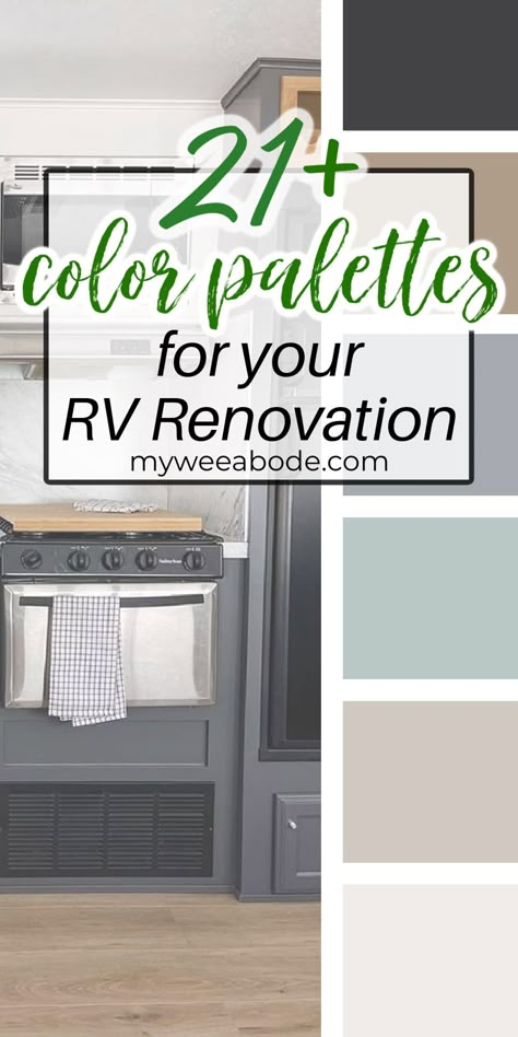 Discover 21 color palettes for your camper trailer renovation that will transform your space into a cozy haven on wheels. Explore these inspiring camper trailer color schemes to find the perfect blend of hues for your next design project. #myweeabode #rvrenovation #traveltrailer #tinyhome Two Tone Camper Cabinets, Gray Camper Cabinets, Rv Renovation Color Scheme, Rv Remodel Paint Colors, Trailer Painting Interior, Color Schemes For Rv Camper Interior, Rv Remodel Color Schemes, Painting Inside Camper, Camper Van Color Schemes