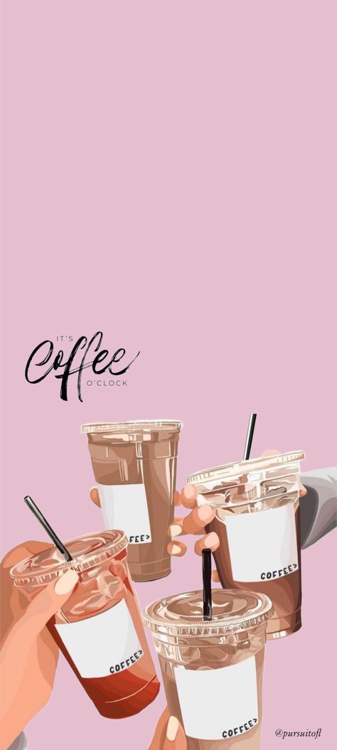 Mauve phone wallpaper with hands holding iced coffee cups labeled coffee with straws and it's coffee o'clock text Iced Coffee Iphone Wallpaper, Coffe Wallpapers Iphone, Iced Coffee Wallpaper Aesthetic, Coffee Shop Aesthetic Wallpaper, Cute Coffee Aesthetic, Phone Cover Wallpaper, Coffee Stickers Aesthetic, Iced Coffee Wallpaper, Cut Wallpapers