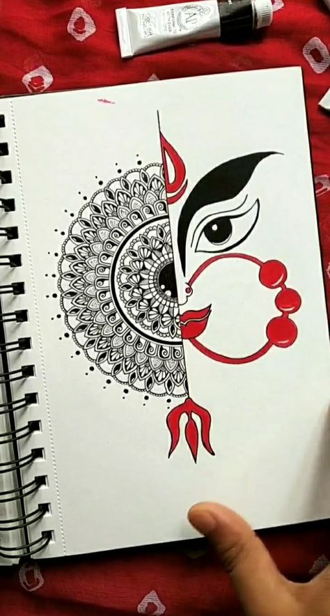 Ma Kali Mandala Art, Navratri Spacial Drawing, Mandala Art For Navratri, Navratri Mandala Art Easy, Navaratri Mandala Art, Drawing For Navratri, Mata Rani Drawing, Navratri Mandala Art, Navratri Sketch