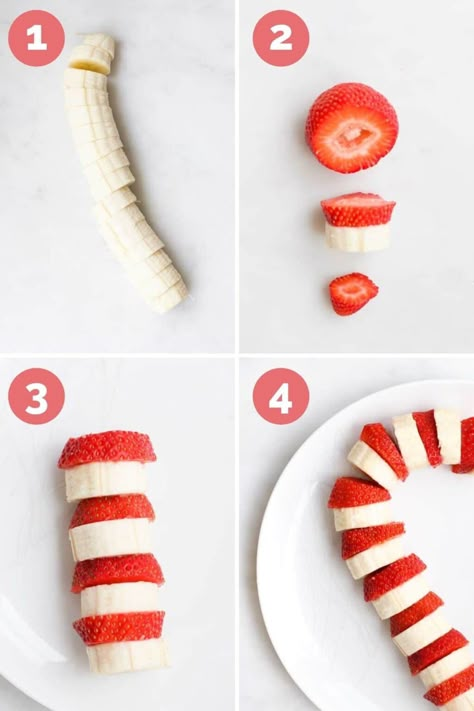 How cute is this Strawberry and Banana Candy Cane? A fun and healthy Christmas snack idea for kids. Young kids will love to help and it is a great way to teach repeated pattern and counting skills. Looking for other healthy Christmas snacks? This site has a load of great ideas... Healthy Christmas Snacks, Christmas Party Snacks, Christmas Recipes For Kids, Strawberry And Banana, Winter Snack, Banana Candy, Healthy Candy, Strawberry Candy, Preschool Snacks