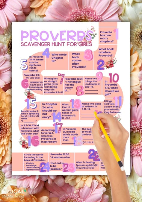 Printable Proverbs Scavenger Hunt Game - Fun Bible Activity for Women and GirlsLooking for a fun and engaging way to explore the Book of Proverbs with the women and girls in your life? Our Printable Proverbs Scavenger Hunt Game is the perfect solution! This unique digital download combines the excitement of a scavenger hunt with the wisdom of the Bible, making it an ideal resource for Sunday school, youth groups, homeschooling, lesson reviews, women's Bible studies, and more!What's Included: A b Bible Study Activities For Women, Women Of The Bible Study, Bybel Studie, Bible Scavenger Hunt, Girly Activities, Christian Games, Bible Study Activities, The Book Of Proverbs, Icebreaker Games