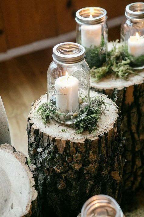 Love these rustic wood stumps with moss and mason jar candle holders for woodland rustic wedding decor Mason Jar Candle Holders, Large Mason Jars, Rustic Wedding Decorations, Deco Champetre, Tafel Decor, Tree Stumps, Jar Candle Holder, Pool Noodle, Mason Jar Wedding