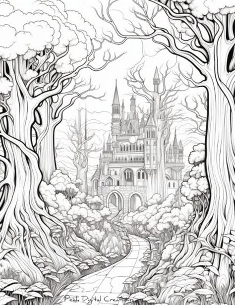 "Immerse yourself in the enchantment of the \"Enchanted Forest\" coloring page. This intricate and captivating printable design invites you to explore a forest landscape adorned with towering trees and a winding path that leads to endless possibilities. - Instant digital download: Start coloring right away.  - High-resolution: Sharp details and clear outlines.  - Printable on various paper sizes. - Suitable for all skill levels. Please note: This listing is for a digital download. No physical it Enchanted Forest Tattoo, Forest Outline, Sleeping Beauty Coloring Pages, Forest Sketch, Forest Coloring Pages, Castle Coloring Page, Cute Halloween Coloring Pages, Forest Coloring Book, Forest Coloring