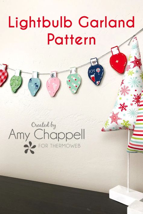 Christmas Fabric Garland With Lights, Handmade Fabric Christmas Decorations, Christmas Light Pattern, Easy Sewing Christmas Projects, Fabric Ornaments Diy Free Pattern, Quilted Garland, Easy Sewing Gifts To Make, Fabric Garland Christmas, Sewn Decorations