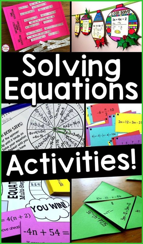 Here is a roundup of some of my favorite Algebra activities for solving one step equations, two step equations and multi step equations with variables on both sides. Activities include games, puzzles, sum em activities, spin to win activities, coloring activities, task cards, math pennants, identify the error analysis, flippables for an interactive notebook, cut and paste activities, scavenger hunts. #algebra #algebraactivities #solvingequations Solving Equations Project, Math Pennants, Algebra Games, Solving Multi Step Equations, Error Analysis, Solving Linear Equations, Multi Step Equations, Two Step Equations, Teaching Algebra