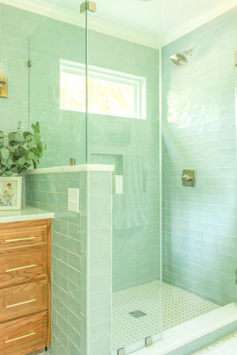 Seafoam Green Blue Subway Tiles in Walk In Shower Seafoam Green Bathroom, Aqua Tiles, Beach Style Bathroom, Green Tile Bathroom, Add A Bathroom, Green Accent Walls, Bathroom Addition, Bath Redo, Bathroom Shower Walls