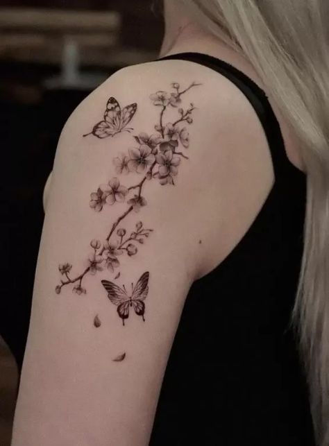 Butterfly Cherry Blossom Tattoo, Black Cherry Blossom Tattoo, Cherry Blossom Tattoo Black, Cherry Blossom Tattoo Shoulder, Tropisches Tattoo, Cherry Blossom Tree Tattoo, Blossom Tree Tattoo, Sakura Tattoo, Tattoos To Cover Scars