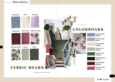 Gardenery on Behance Fabric Swatches Board, Fashion Collection Inspiration Board, Fashion Color Board, Color Board Fashion Portfolio, Color Board Fashion, Fashion Moodboard Layout, Fashion Collection Portfolio, Fashion Layout Design, Board Fashion Design