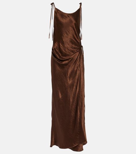 Satin midi dress in brown - Acne Studios | Mytheresa Silk Brown Dress, Brown Satin Dress, Brown Dresses Formal, Brown Silk Dress, Luxury Gowns, Designer Dresses For Women, Midi Dress Style, Brown Satin, Mood Board Fashion