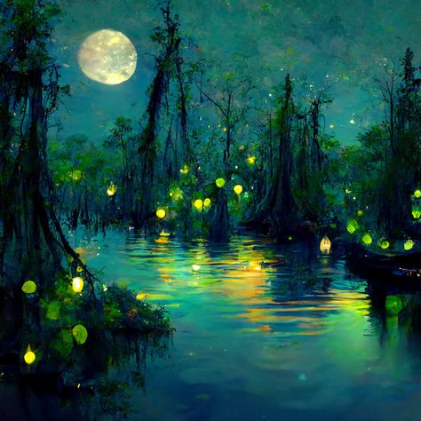 Sleepy lagoon moon forest swamp creek fairy lights floating glow arabesque tiny boat trees moss night Louisiana beautiful 4K Impressionism jazz green fireflies Forest Swamp Aesthetic, Tree At Night Painting, Night Pond Painting, Moon Forest Painting, Guache Forest, Swamp Scene Painting, Swamp Landscape Art, Swamp Painting Easy, Night Lake Painting