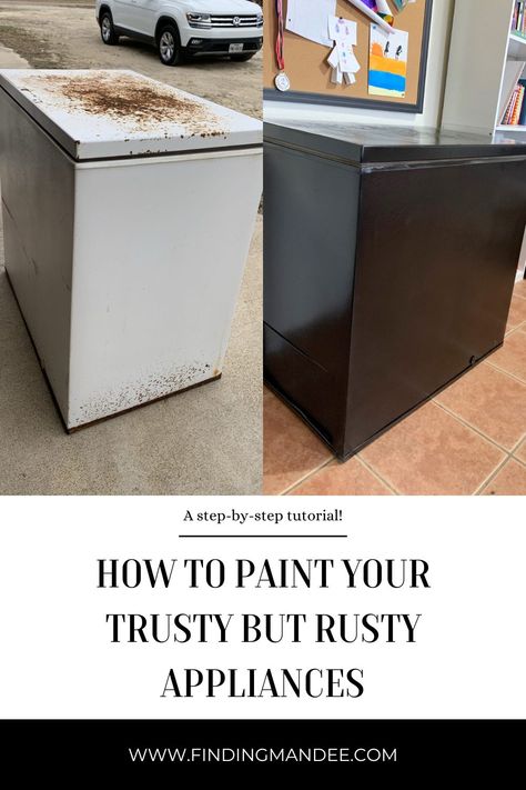 Painting Deep Freezer, Painted Deep Freezer, Cover Deep Freezer, Paint Deep Freezer, Laundry Room Paint Colors Black Appliances, Deep Freezer In Garage, Hide Deep Freezer, How To Paint Appliances, Deep Freezer Makeover Wood