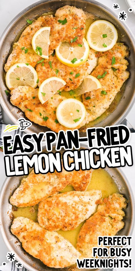 This easy lemon chicken recipe is ideal for busy weeknights and a dish we’re sure you’ll be cooking again and again. Juicy chicken breasts are coated in flour and pan-fried in a skillet before being simmered in a zingy lemon sauce. Pan Fried Lemon Chicken, Quick Lemon Chicken, Fried Lemon Chicken Recipe, Lemon Fried Chicken, Pan Fry Chicken Breast, Breaded Lemon Chicken, Lemon Crusted Chicken, Chicken Tights, Lemon Garlic Chicken Breast