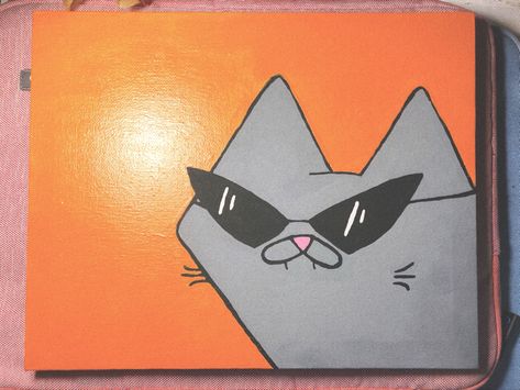 A sassy gray cat extending from the bottom right corner wearing black sun glasses with an all orange background. Cat Painting For Beginners, Funny Easy Paintings On Canvas, Easy Painting Ideas On Canvas For Guys, Funny Cat Painting Easy, Simple Cat Painting Acrylic, Cat With Sunglasses Drawing, Easy Trendy Paintings, Cute Cat Painting Easy, Cartoon Cat Painting