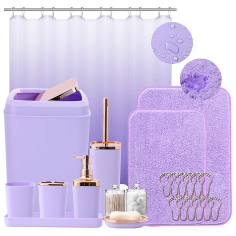 PRICES MAY VARY. Plastic 🛁【Bathroom Accessories Sets Complete】You'll get everything you need for your bathroom! This includes a soap dispenser, soap dish, toothbrush holder, toothbrush cup, toilet brush with holder, trash can, tray, 2 qtip holder dispensers, ombré shower curtain with 12 stainless steel hooks and 2 super absorbent bathroom rug. 🛁【Ombre Shower Curtain Design】Introducing our amazing purple ombre shower curtain with 12 stainless steel hooks! Made from 100% polyester fabric, eco-fr Light Purple Bathroom Ideas Decor, Wisteria Bathroom Decor, Purple Gold Bathroom, Purple Soap Dispenser, Purple Theme Bathroom, Purple Apartment Decor, Lilac Bathroom Ideas, Bathroom Ideas Purple, Light Purple Bathroom