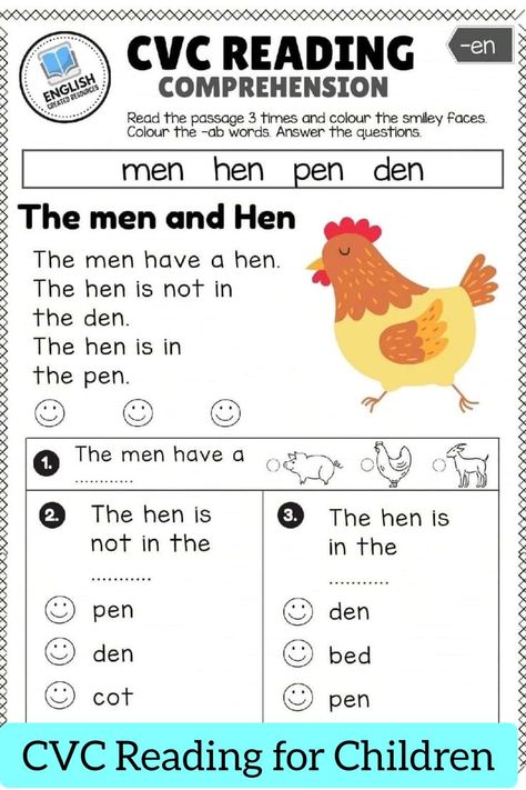 Reading Comprehension using CVC Words... Children learn CVC words to help them understand that words have a beginning. Cvc Reading Comprehension Kindergarten, Cvc Word Stories, Cvc Stories Kindergarten, Cvc Comprehension Worksheets, Cvc Reading Passages Free, Simple Reading For Kindergarten, Reading Cvc Words Worksheets, Cvc Reading Comprehension, Cvc Stories