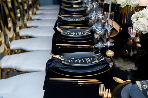 Long Tablescape, 90th Birthday Party Decorations, White Wedding Table Setting, Birthday Soiree, Masculine Wedding, 30th Birthday Bash, White Table Settings, Black Gold Wedding, 41st Birthday