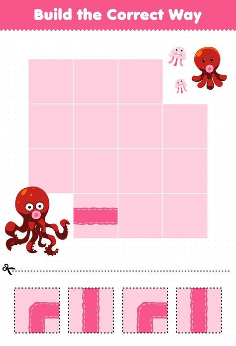 Education game for children build the correct way help cute cartoon octopus move to baby octopus and jellyfish printable underwater worksheet Octopus Worksheet, Cute Cartoon Octopus, Jellyfish Printable, Cartoon Octopus, Baby Octopus, Game For Children, Logic Games, Preschool Worksheets, Kids Activities