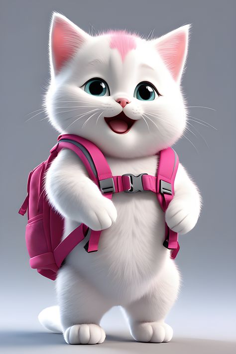 Adorable cute little fat pink and white happy cat kitty kitten carry a backpack animal Puppy Portraits, Cute Bunny Pictures, Cartoon Crazy, Image Cat, Bunny Pictures, Cute Cats Photos, Cute Cat Gif, Animal Clipart, Happy Cat