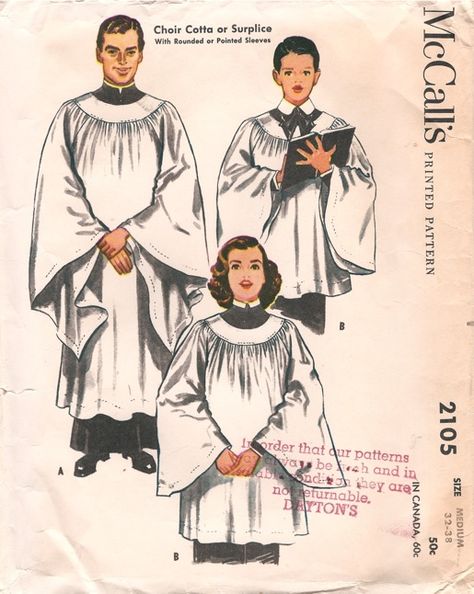 McCall's 2105; ©1956; Choir Cotta or Surplice. With Rounded or Pointed Sleeves. Pointed Sleeves, Choir Uniforms, 1950s Sewing Patterns, Sewing Patterns Girls, Costume Patterns, Womens Sewing Patterns, Mccalls Patterns, Super Cute Dresses, Sewing Pattern Sizes