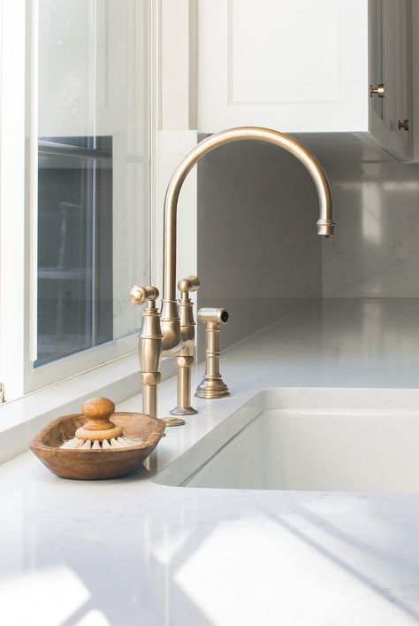 Perrin And Rowe Kitchen Faucet, Perrin And Rowe, Bridge Faucet, Gold Faucet, Los Angeles Interior Design, Brass Patina, New Builds, Kitchen Faucet, Interior Designer