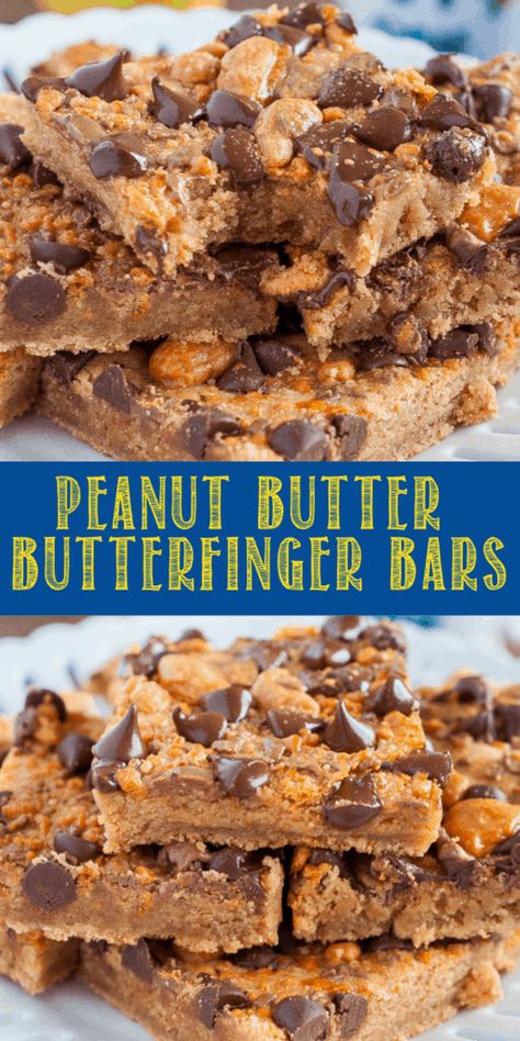 Peanut Butter Butterfinger Bars are a rich and chewy, easy dessert recipe! Fudgy, brownie like bars topped with crunchy Butterfinger bits and chocolate chips! #dessert #cookiebars #brownies #peanutbutter #butterfinger Dessert No Butter, Butterfinger Dessert, Butterfinger Bars, Butter Finger Dessert, Butterfinger Cookies, Easy Dessert Recipe, Fudgy Brownie, Fudge Recipes Easy, Dessert Bar Recipe