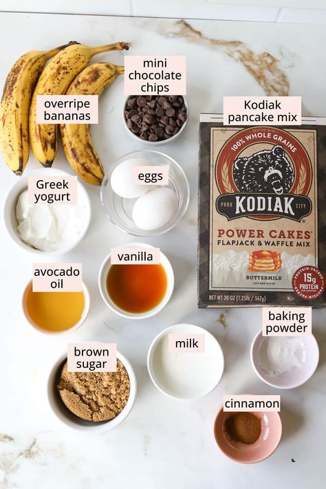 Kodiak Banana Bread (High Protein) - The Balanced Nutritionist Kodiak Jack Recipes, Banana Bread Muffins Protein, Banana High Protein Recipes, High Protein Banana Bread Recipe, Kodiak Chocolate Banana Muffins, Kodiak Cakes Pumpkin Banana Bread, Kodiak Banana Bread Recipe, Protein Banana Muffins Kodiak, Banana Bread With Kodiak Cakes